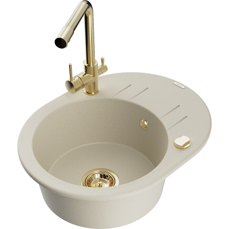 Mexen Kevin 1-bowl granite kitchen sink with drainer and Duero kitchen faucet, beige - 6517-69-671600-50