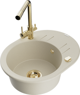 Mexen Kevin 1-bowl granite kitchen sink with drainer and Duero kitchen faucet, beige - 6517-69-671600-50