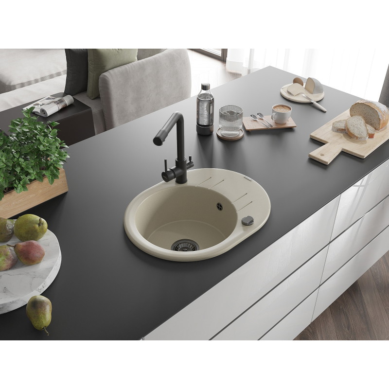 Mexen Kevin 1-bowl granite sink with drainer and Duero kitchen faucet, beige - 6517-69-671600-70