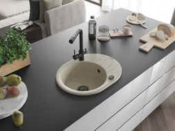 Mexen Kevin 1-bowl granite kitchen sink with drainer and Duero kitchen faucet, beige - 6517-69-671600-70