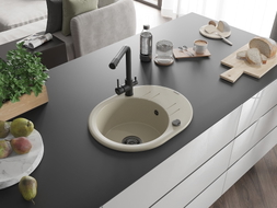 Mexen Kevin 1-bowl granite kitchen sink with drainer and Duero kitchen faucet, beige - 6517-69-671600-70