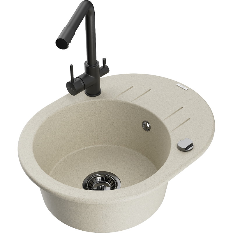 Mexen Kevin 1-bowl granite kitchen sink with drainer and Duero kitchen faucet, beige - 6517-69-671600-70