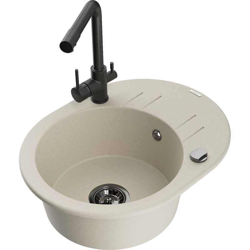 Mexen Kevin granite kitchen sink 1-bowl with drainer and Duero kitchen tap, beige - 6517-69-671600-70