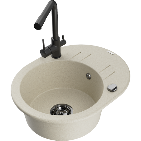 Mexen Kevin 1-bowl granite sink with drainer and Duero kitchen faucet, beige - 6517-69-671600-70