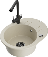 Mexen Kevin granite kitchen sink 1-bowl with drainer and Duero kitchen tap, beige - 6517-69-671600-70