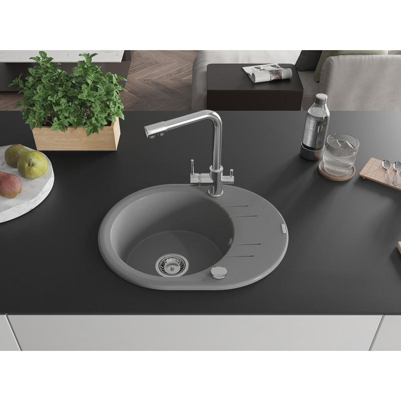 Mexen Kevin 1-bowl granite sink with drainer and Duero kitchen faucet, gray - 6517-71-671600-00