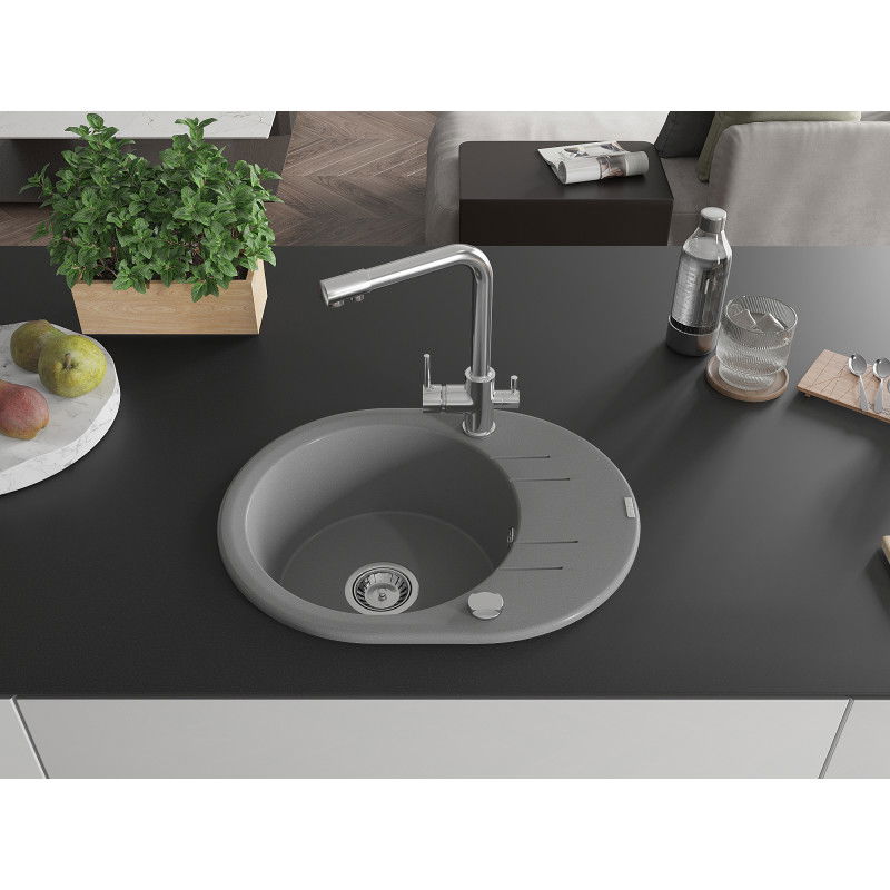Mexen Kevin 1-bowl granite sink with drainer and Duero kitchen tap, grey - 6517-71-671600-00