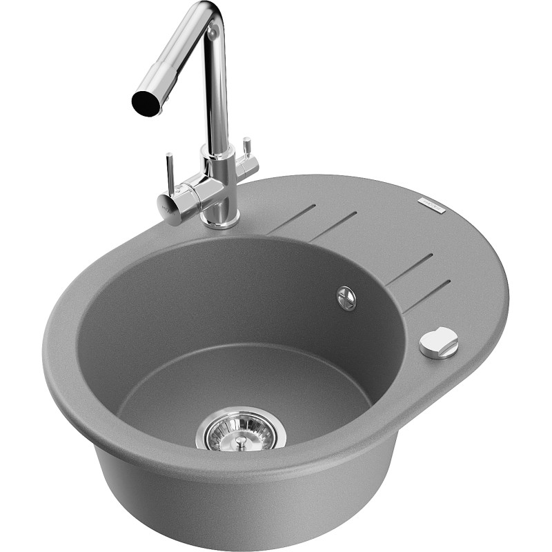 Mexen Kevin 1-bowl granite sink with drainer and Duero kitchen faucet, gray - 6517-71-671600-00