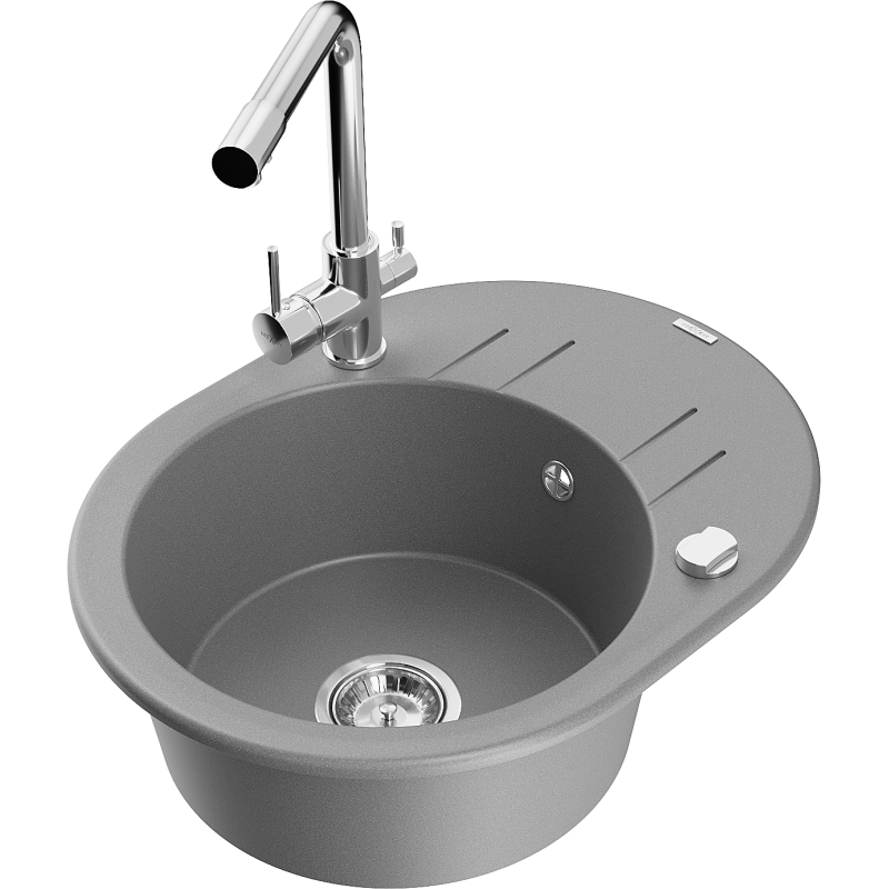 Mexen Kevin 1-bowl granite sink with drainer and Duero kitchen tap, grey - 6517-71-671600-00