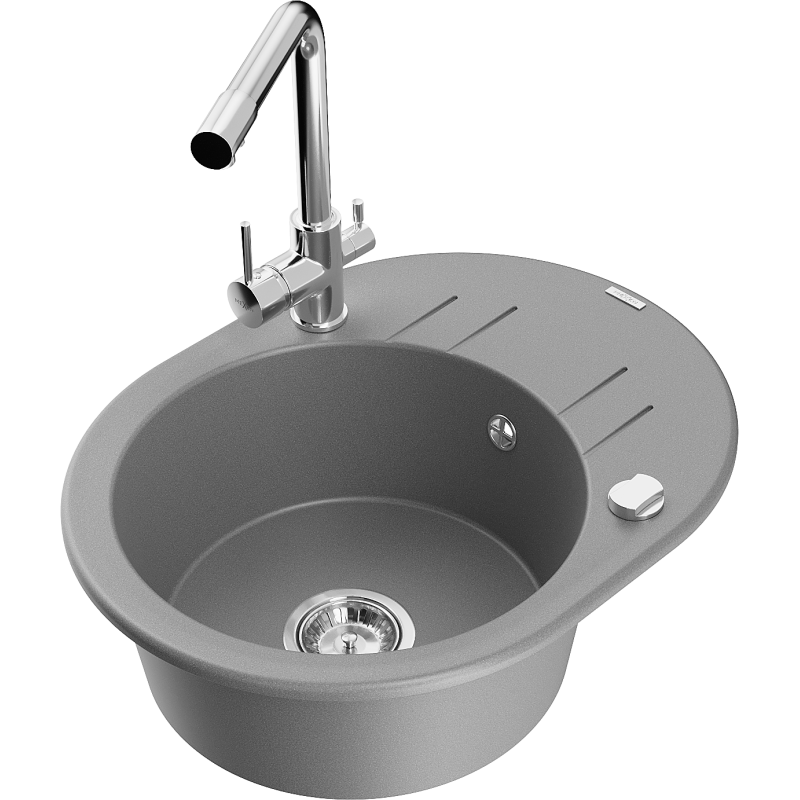 Mexen Kevin 1-compartment granite sink with a drip tray and kitchen mixer tap Duero, Grey - 6517-71-671600-00