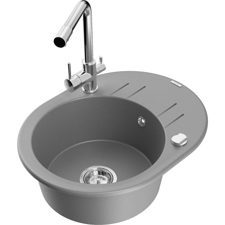 Mexen Kevin 1-bowl granite sink with drainer and Duero kitchen tap, grey - 6517-71-671600-00