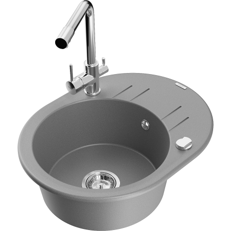 Mexen Kevin 1-compartment granite sink with a drip tray and kitchen mixer tap Duero, Grey - 6517-71-671600-00