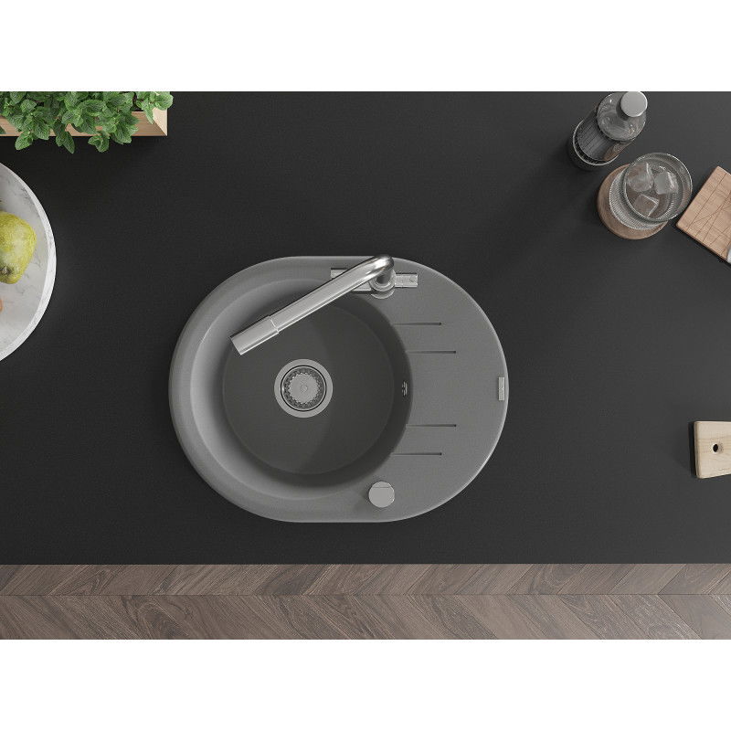 Mexen Kevin 1-bowl granite sink with drainer and Duero kitchen tap, grey - 6517-71-671600-00