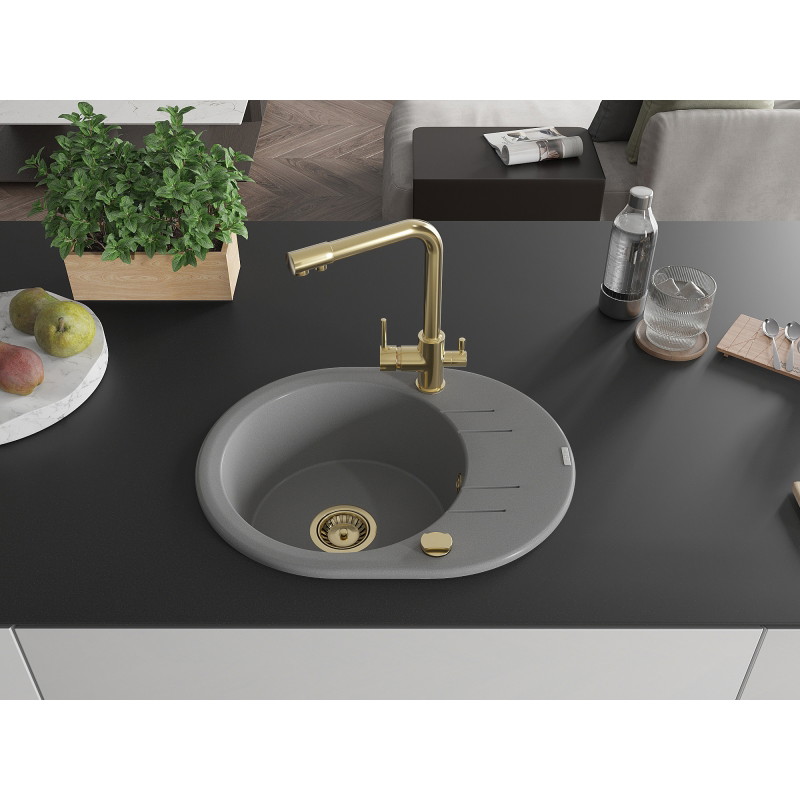 Mexen Kevin granite kitchen sink 1-bowl with drainer and Duero faucet, gray - 6517-71-671600-50