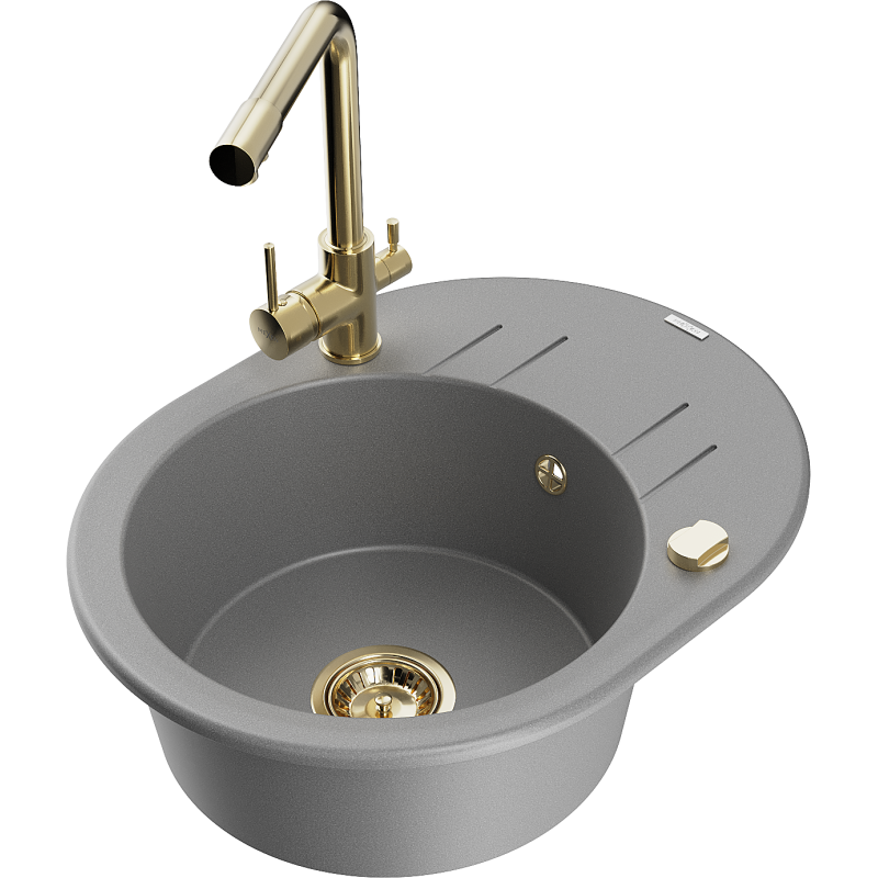 Mexen Kevin 1-compartment granite sink with a drip tray and kitchen mixer tap Duero, Grey - 6517-71-671600-50