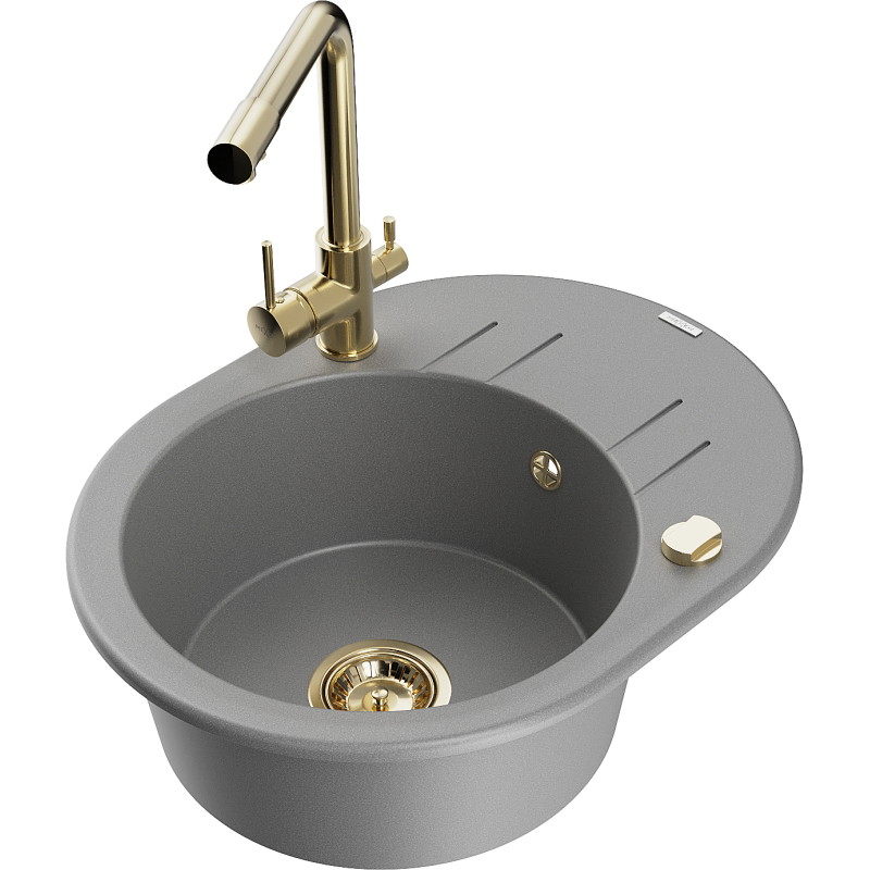 Mexen Kevin granite kitchen sink 1-bowl with drainer and Duero faucet, gray - 6517-71-671600-50