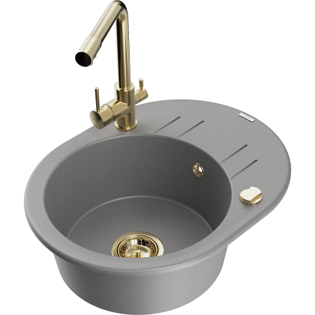 Mexen Kevin 1-Bowl Granite Sink with Drainer and Duero Kitchen Faucet, Gray - 6517-71-671600-50
