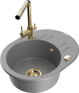 Mexen Kevin 1-Bowl Granite Sink with Drainer and Duero Kitchen Faucet, Gray - 6517-71-671600-50