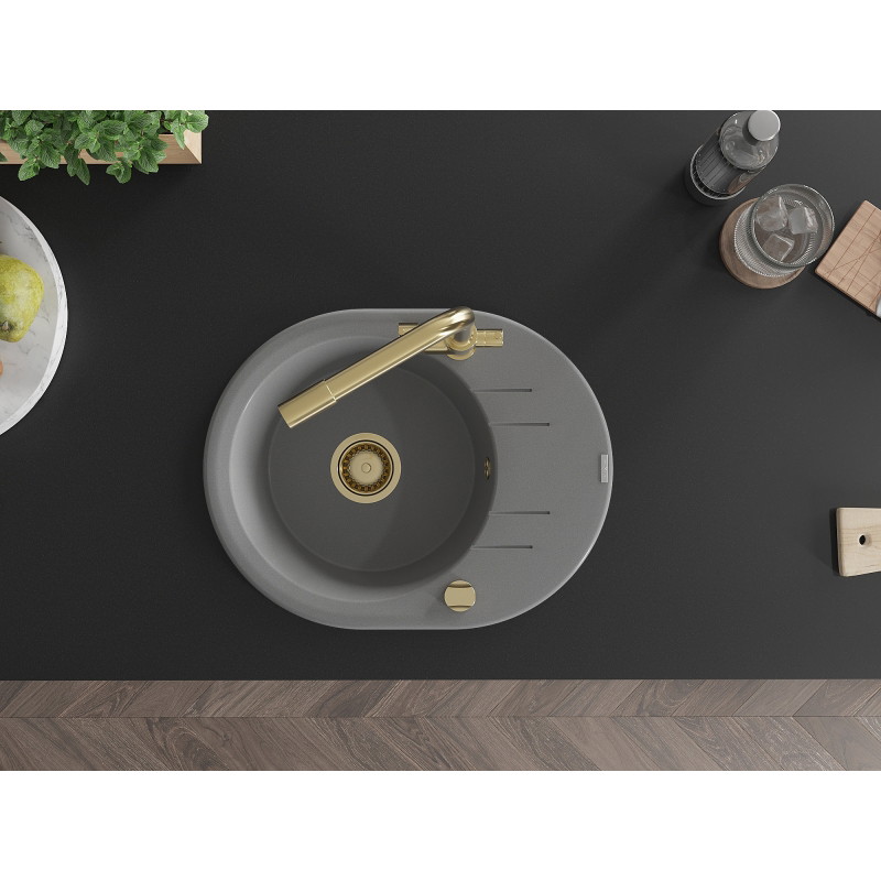 Mexen Kevin granite kitchen sink 1-bowl with drainer and Duero faucet, gray - 6517-71-671600-50