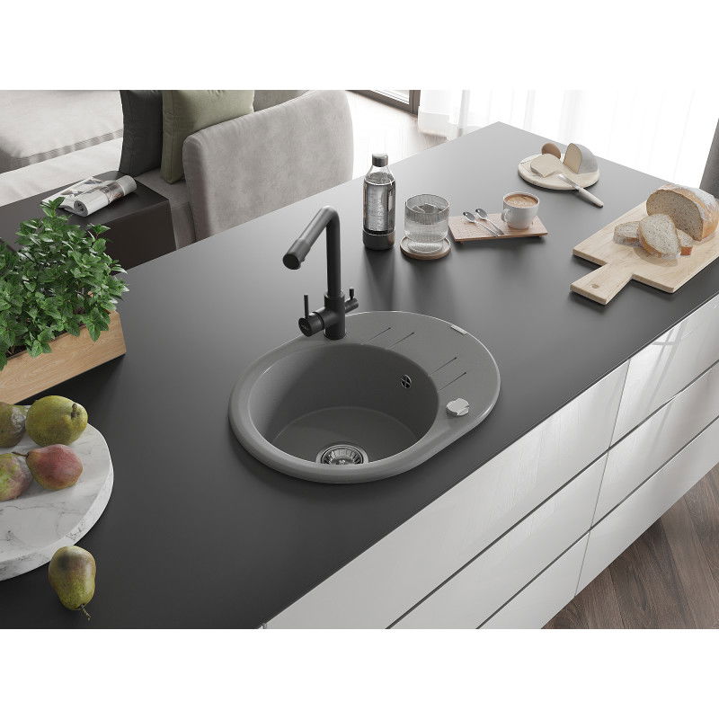 Mexen Kevin 1-bowl granite sink with drainer and Duero kitchen tap, grey - 6517-71-671600-70