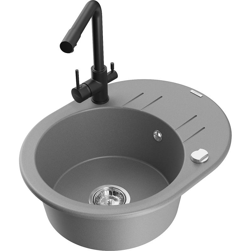 Mexen Kevin granite kitchen sink 1-bowl with drainer and Duero kitchen faucet, gray - 6517-71-671600-70