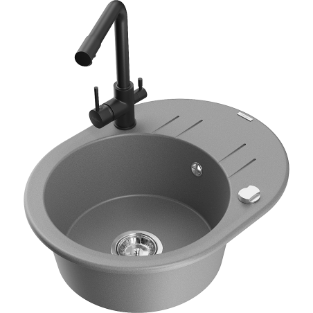 Mexen Kevin 1-bowl granite sink with drainer and Duero kitchen faucet, gray - 6517-71-671600-70