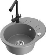 Mexen Kevin granite kitchen sink 1-bowl with drainer and Duero kitchen faucet, gray - 6517-71-671600-70