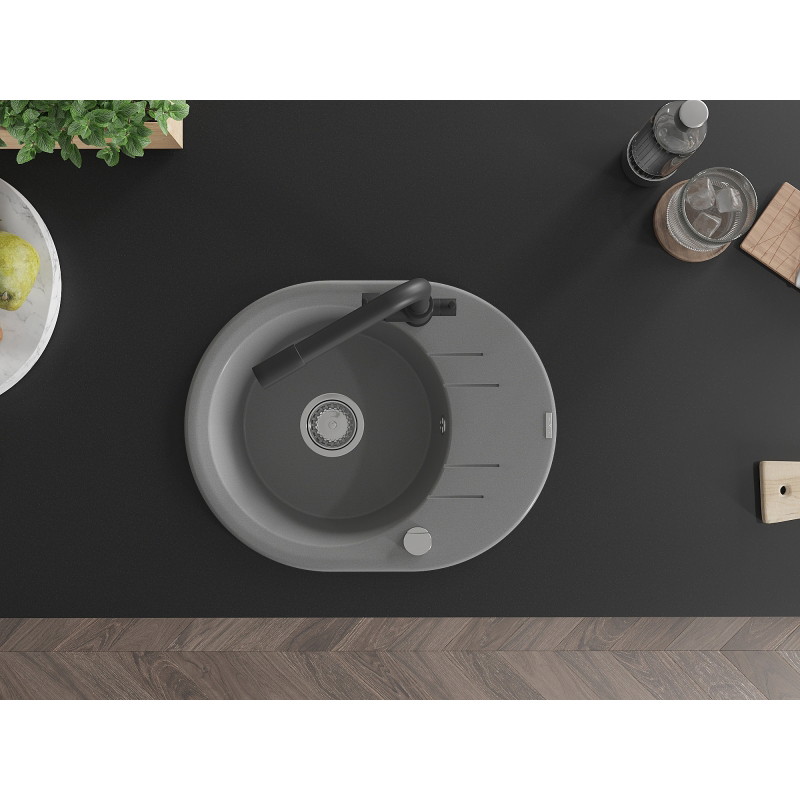 Mexen Kevin 1-bowl granite sink with drainer and Duero kitchen faucet, gray - 6517-71-671600-70