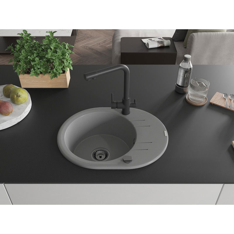 Mexen Kevin single-bowl granite sink with drainer and Duero kitchen tap, grey - 6517-71-671600-70-B