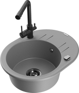 Mexen Kevin 1-compartment granite sink with a drip tray and kitchen mixer tap Duero, Grey - 6517-71-671600-70-B