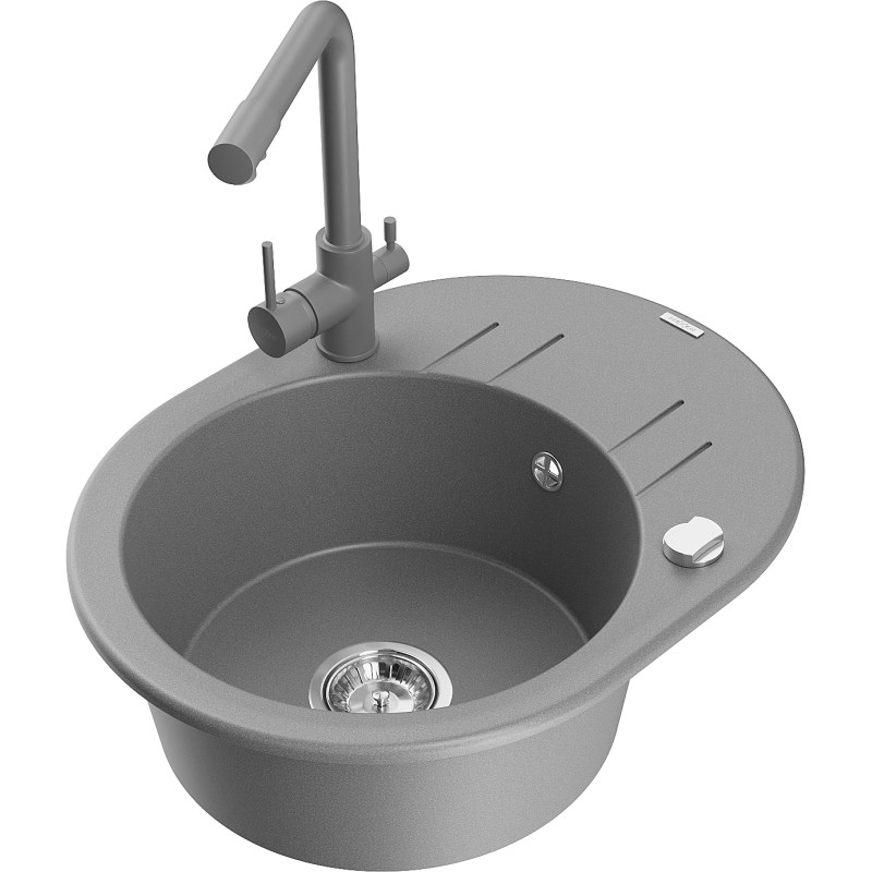 Mexen Kevin 1-bowl granite sink with drainer and Duero kitchen faucet, gray - 6517-71-671600-71