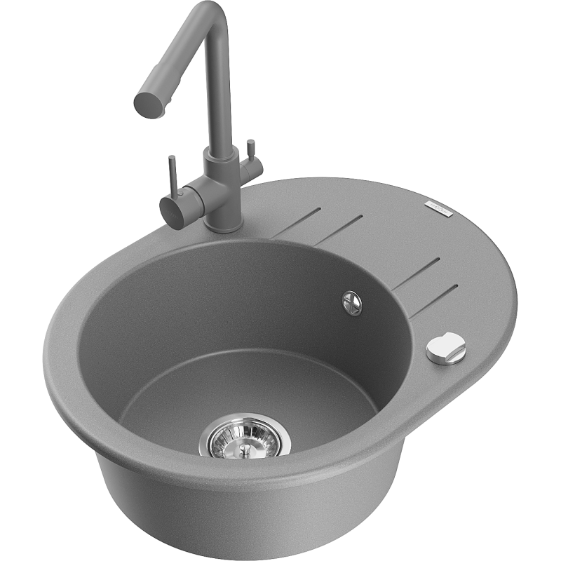 Mexen Kevin 1-compartment granite sink with a drip tray and kitchen mixer tap Duero, Grey - 6517-71-671600-71