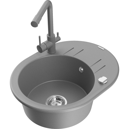 Mexen Kevin 1-bowl granite sink with drainer and Duero kitchen faucet, gray - 6517-71-671600-71