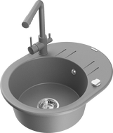 Mexen Kevin 1-bowl granite sink with drainer and Duero kitchen faucet, gray - 6517-71-671600-71