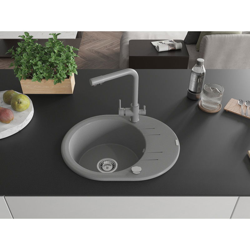 Mexen Kevin single-bowl granite sink with drainer and Duero kitchen tap, grey - 6517-71-671600-71