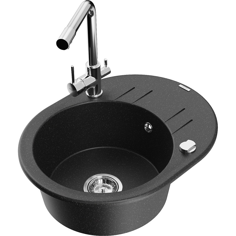 Mexen Kevin granite 1-bowl sink with drainer and Duero kitchen faucet, black/silver metallic - 6517-73-671600-00