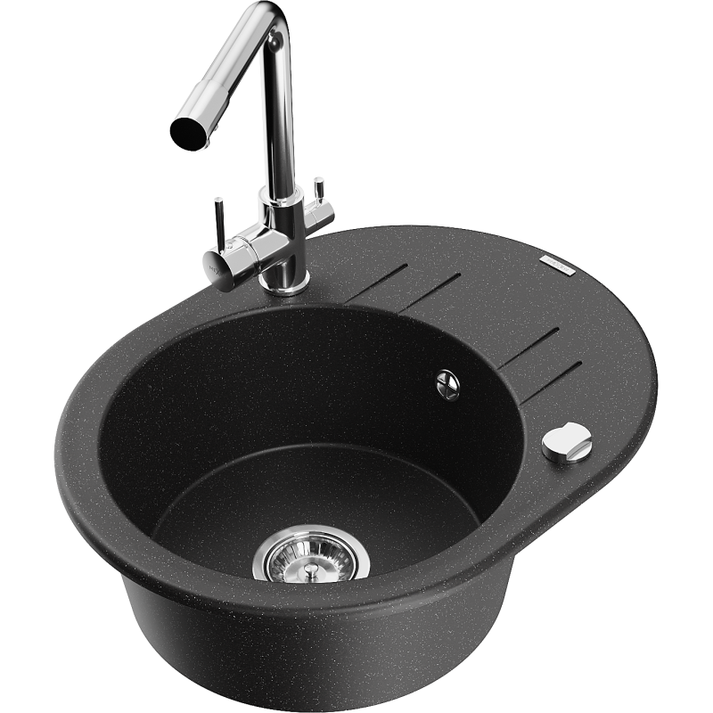 Mexen Kevin Granite Kitchen Sink 1-Bowl with Drainer and Duero Kitchen Tap, Black/Silver Metallic - 6517-73-671600-00