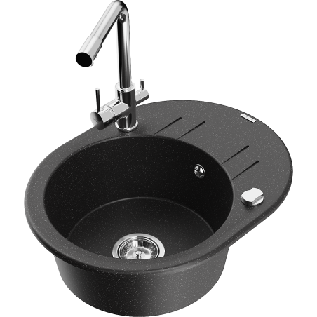 Mexen Kevin granite 1-bowl sink with drainer and Duero kitchen faucet, black/silver metallic - 6517-73-671600-00