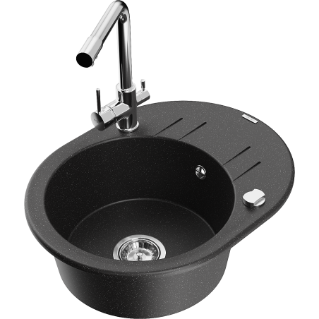 Mexen Kevin Granite Kitchen Sink 1-Bowl with Drainer and Duero Kitchen Tap, Black/Silver Metallic - 6517-73-671600-00