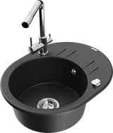 Mexen Kevin granite 1-bowl sink with drainer and Duero kitchen faucet, black/silver metallic - 6517-73-671600-00