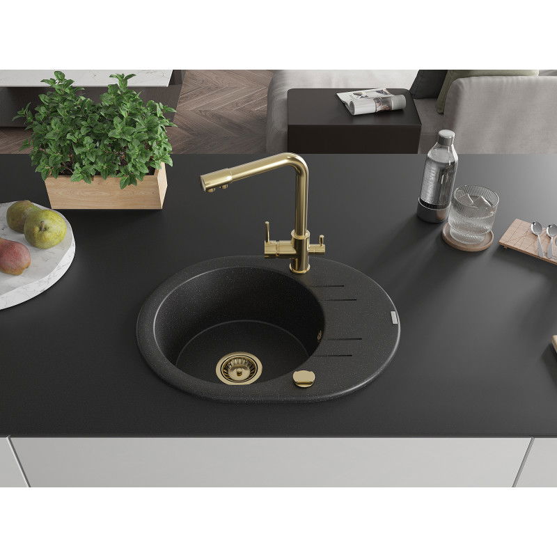 Mexen Kevin 1-bowl granite sink with drainer and Duero kitchen tap, black/silver metallic - 6517-73-671600-50