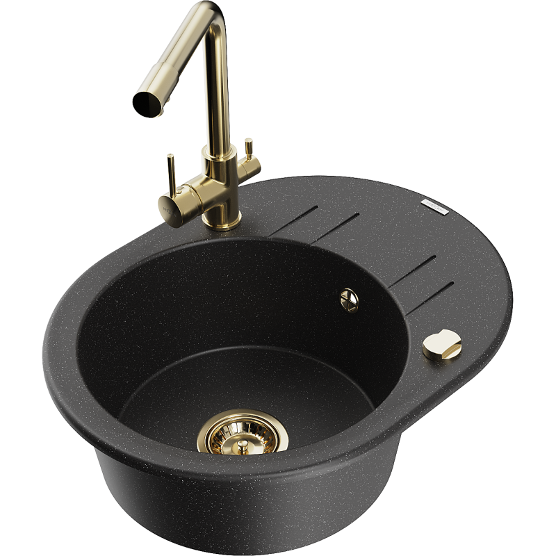 Mexen Kevin 1-compartment granite sink with a drip tray and kitchen mixer tap Duero, Black/Silver metallic - 6517-73-671600-50