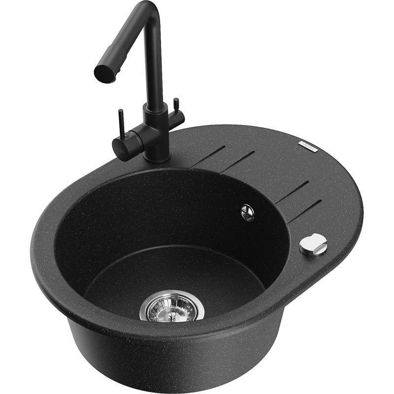 Mexen Kevin 1-compartment granite sink with a drip tray and kitchen mixer tap Duero, Black/Silver metallic - 6517-73-671600-70