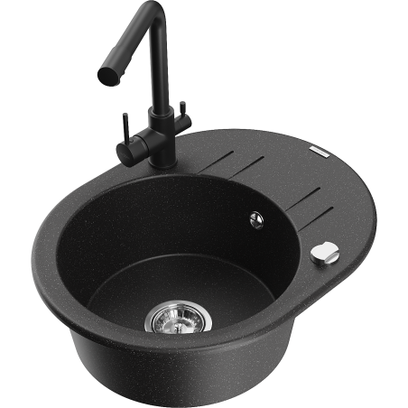 Mexen Kevin granite kitchen sink 1-bowl with drainer and kitchen faucet Duero, black/silver metallic - 6517-73-671600-70