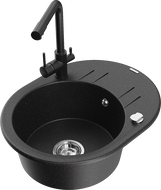 Mexen Kevin granite sink 1-bowl with drainer and kitchen faucet Duero, black/silver metallic - 6517-73-671600-70