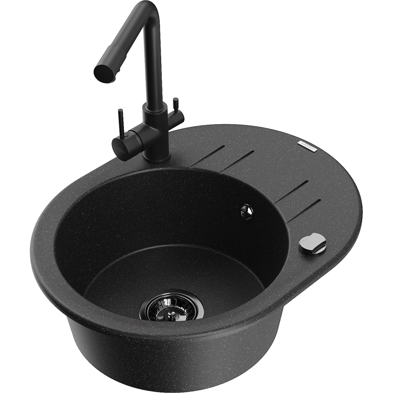 Mexen Kevin 1-compartment granite sink with a drip tray and kitchen mixer tap Duero, Black/Silver metallic - 6517-73-671600-70-B