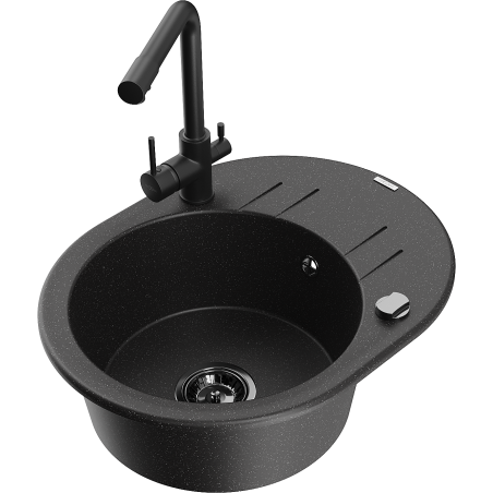 Mexen Kevin 1-compartment granite sink with a drip tray and kitchen mixer tap Duero, Black/Silver metallic - 6517-73-671600-70-B