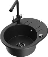 Mexen Kevin 1-bowl granite sink with drainer and Duero kitchen faucet, black/silver metallic - 6517-73-671600-70-B