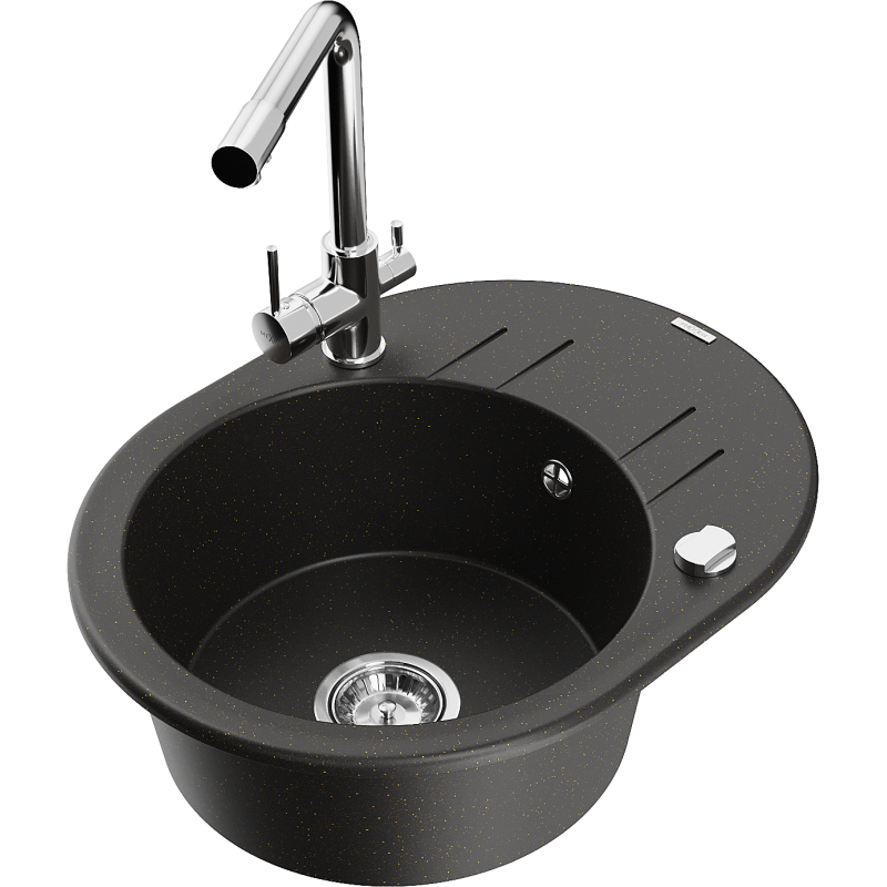 Mexen Kevin 1-bowl granite kitchen sink with drainer and Duero kitchen tap, black/gold metallic - 6517-75-671600-00