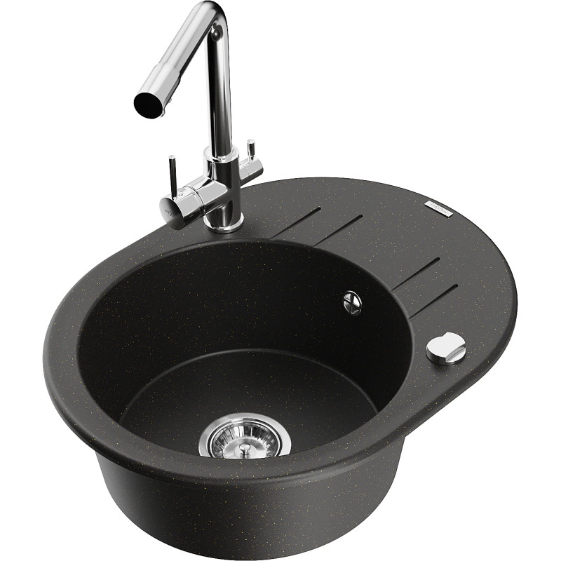 Mexen Kevin granite single-bowl sink with drainer and kitchen faucet Duero, black/gold metallic - 6517-75-671600-00